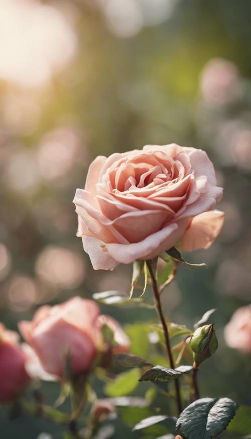Antyczna róża kołysząca się na świeżym wiosennym wietrze, z tłem bokeh.