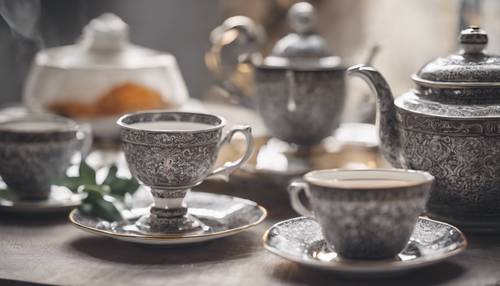 طقم شاي أنيق مزين بزخارف دمشقية رمادية.