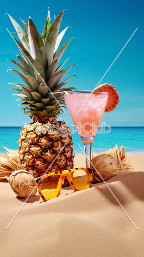 Klimat tropikalnej plaży z ananasem i orzeźwiającym napojem