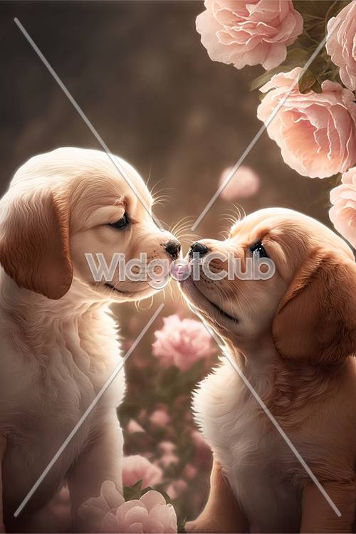 Two Cute Puppies in a Flower Garden壁紙[9a621751b75b45ff822e]