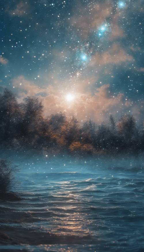 油画风格的夜空，以淡蓝色的星星为焦点。