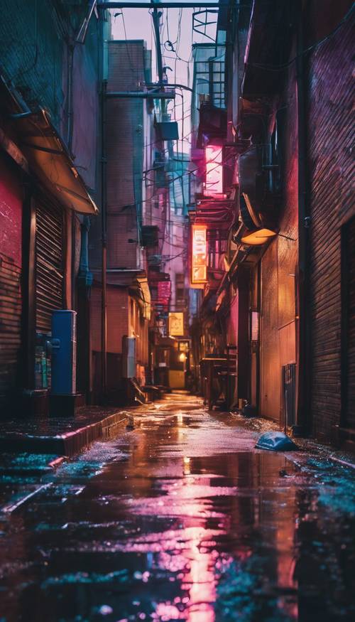 A lonely neon-lit alleyway in a bustling city after the rain.
