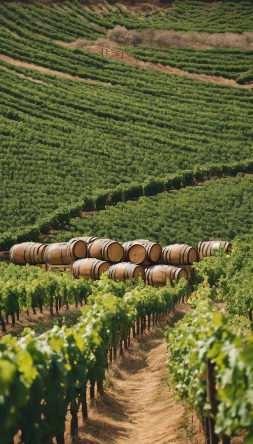 A picture-perfect view of green vineyards with brown wooden barrels stacked.