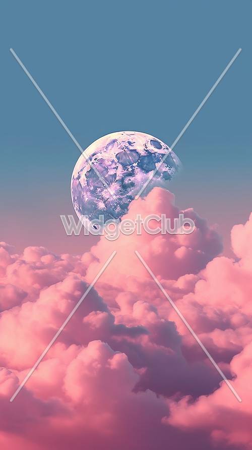 Dreamy Sky with Fluffy Pink Clouds and a Distant Planet