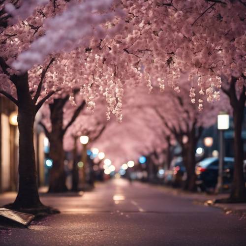 Pétalas de flores de cerejeira cobrem as ruas sob o brilho fraco de um poste de luz.