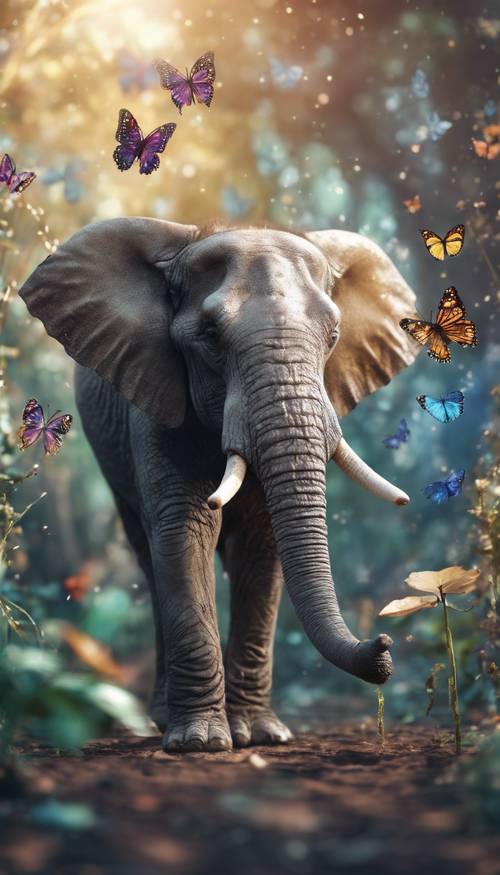 فيل مسحور في مشهد خيالي، مع فراشات قزحية الألوان ترفرف حول أنيابه.