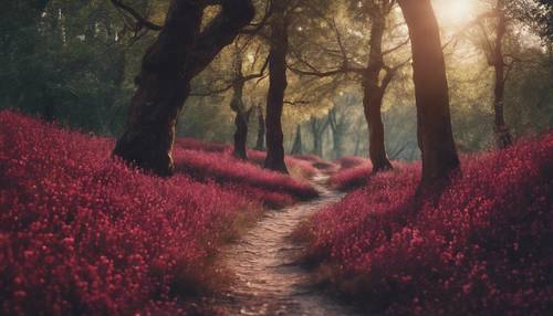 Tajemnicza leśna ścieżka wyłożona rzadkimi bordowymi kwiatami