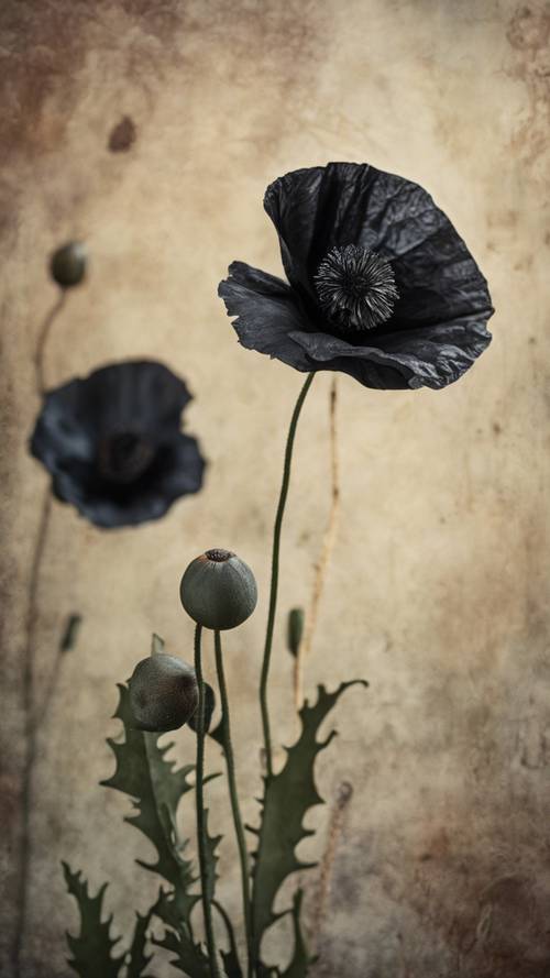 Still life of a black poppy against a richly textured, renaissance styled background.