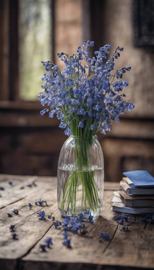 A rustic wooden table with a vase of fresh Bluebells Behang [2fd807152c05402198b3]