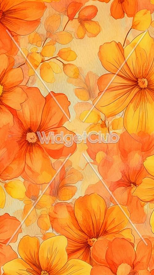 明るいオレンジ色の花柄デザインの壁紙