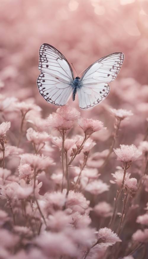 Motifs de papillons blancs disposés de manière artistique sur un fond rose doux