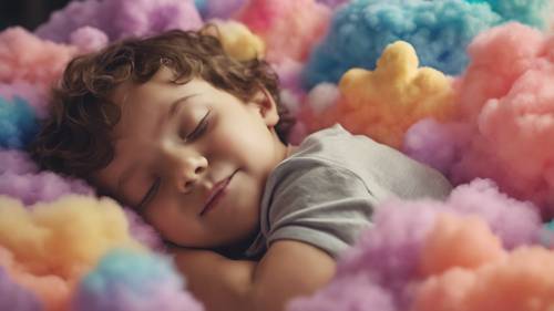 Seorang anak yang gembira, tertidur lelap, dikelilingi oleh mimpi-mimpi indah yang berbentuk awan berwarna-warni dan lucu.