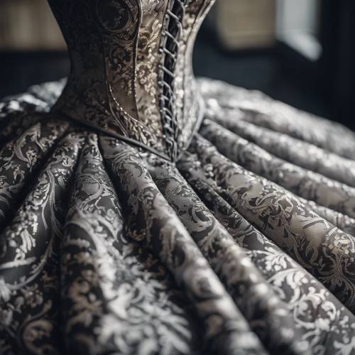 Koyu gri damask malzemeden yapılmış zarif bir kadın elbisesi.