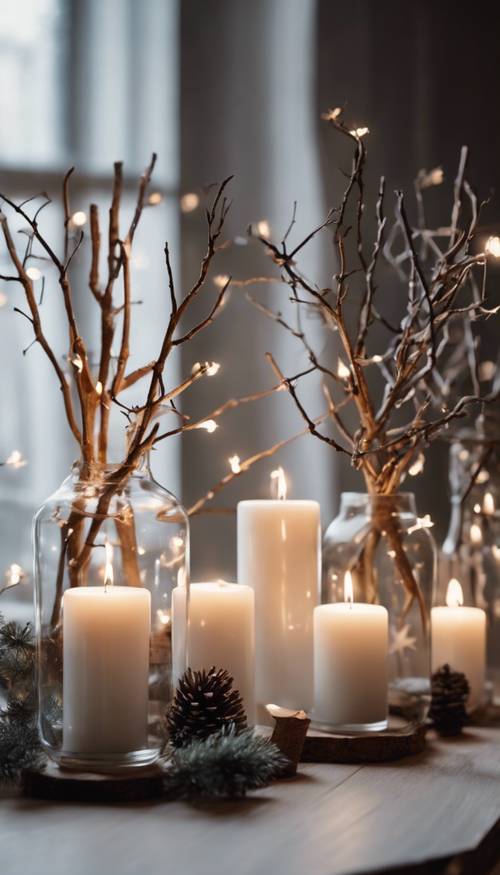 Semplice decorazione festiva scandinava: rami in vasi, stelle di legno e candele