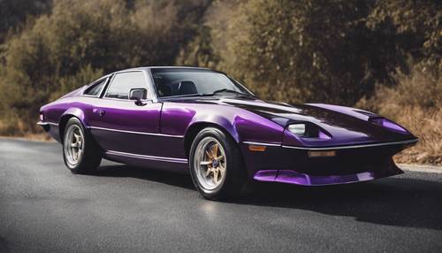 A dark purple sports car, sleek and polished, on an open, wind-swept road.