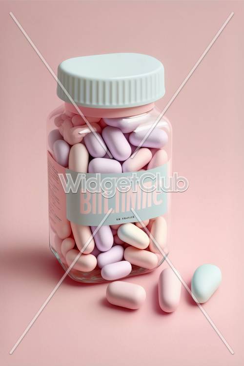 Pillole colorate in una bottiglia su sfondo rosa