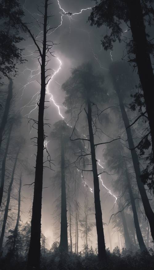 暴风雨肆虐之下，一片阴暗的灰色森林的景象；闪电照亮了黑暗的树林。