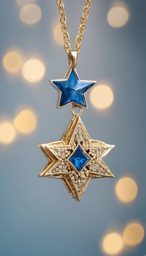 Um pingente em forma de estrela azul e dourado em um colar.