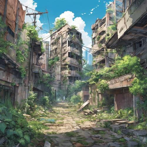 An abandoned anime city with ruined buildings and overgrown vegetation reclaiming the streets.