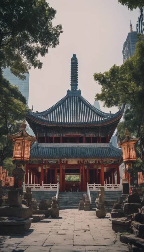 An ancient, tranquil temple amidst the fast-paced urban setting of Shanghai