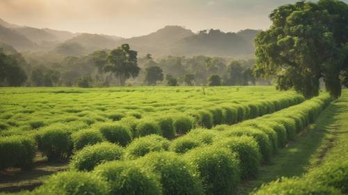 « Un paysage serein d&#39;une vaste plantation, le panorama luxuriant reflétant la phrase « Le meilleur moment pour planter un arbre était il y a 20 ans. Le deuxième meilleur moment est maintenant. »