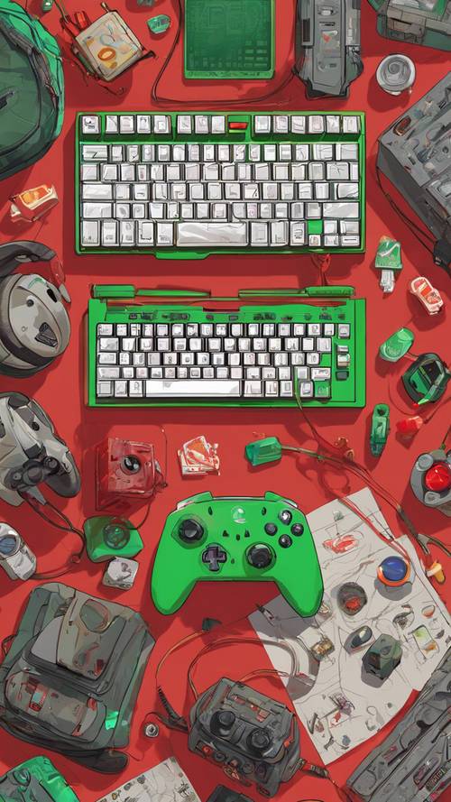 An array of gaming paraphernalia scattered across a gamer's table, lit up in vibrant red and green colors.