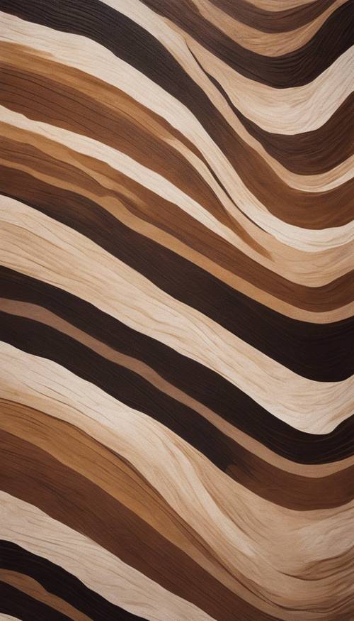 An abstract painting featuring whimsical waves of dark and light brown stripes.