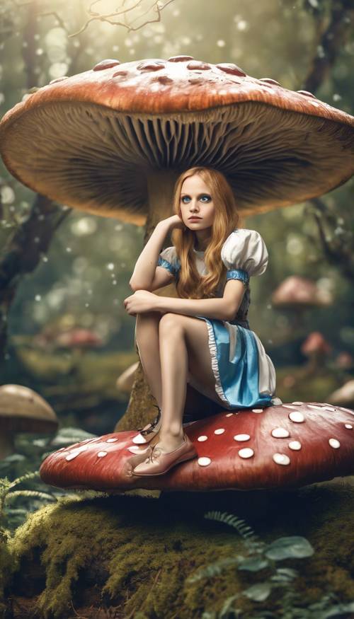 Alice in Wonderland in a reflective, contemplative mood, sitting on the branch of a giant mushroom". Tapeta na zeď [1b9fceefa0be46598c42]