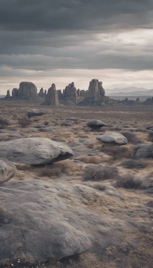 View of a gray plain with rock formations in the distance.