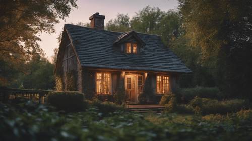 A picturesque cottage nestled in the woods, lit from within at dusk.
