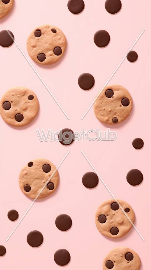 Biscoitos e doces com gotas de chocolate em rosa