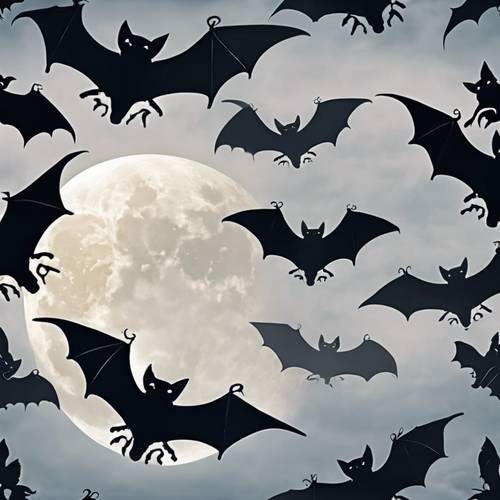 Vampire bat silhouettes against a full moon in a cloudy, midnight blue Halloween sky