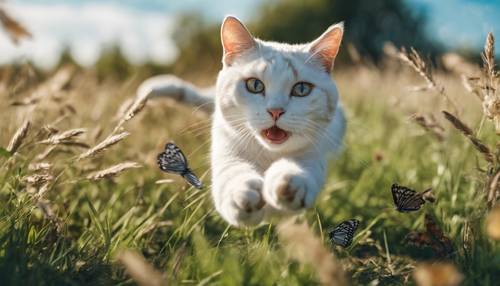 Seekor kucing kucing putih melompat dengan anggun di lapangan, mengejar kupu-kupu di bawah langit biru cerah.