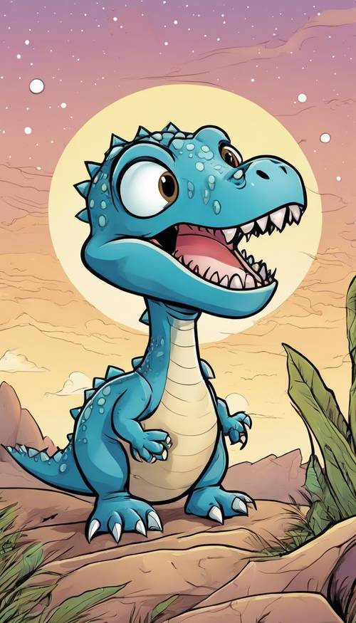 Dinosaurus kartun bayi menawan dengan mata besar berkilau menetas dari telur halus di bawah langit senja.