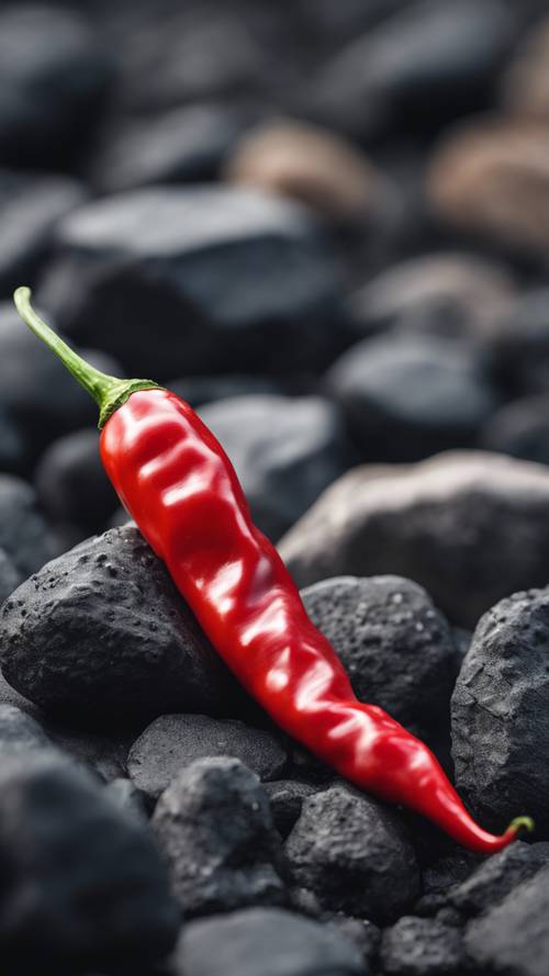 Một quả ớt đỏ nằm trên đá núi lửa đen