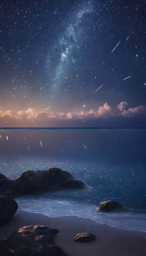 A meteor shower raining down against an indigo night sky, illuminating a tranquil sea. Tapet [1f30fbf3d93246648931]