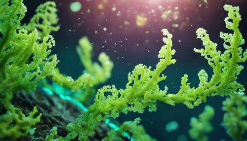 Как будто остановленная во времени, сцена флуоресцентных зеленых кораллов, их усики простираются, как усики цветущих цветов жасмина. Обои [ef4bd13bf63144e89cd4]