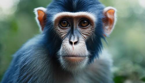 Retrato em close-up de um macaco azul de aparência séria em uma floresta calma.