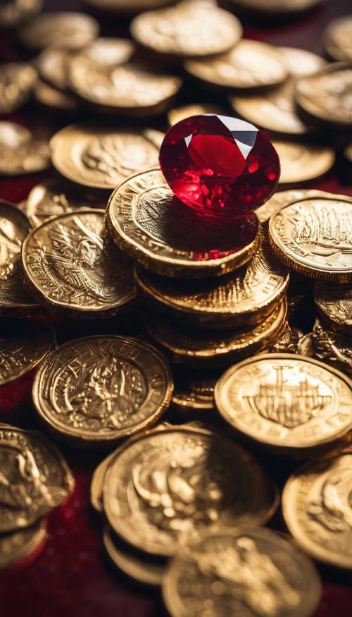 אבן אודם אדומה יחידה שוכנת בתוך ערימה של מטבעות זהב נוצצים.