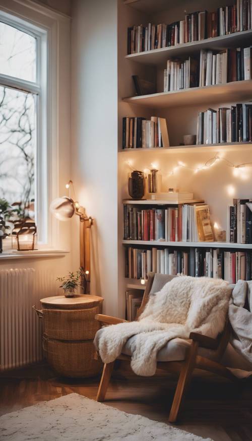 A cozy Scandinavian reading nook with soft lighting, a plush chair, and wall-mounted bookshelves.