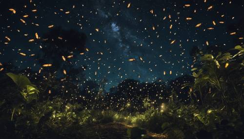 Una jungla negra repleta de insectos luminiscentes iluminando la zona bajo un amplio cielo nocturno estrellado.