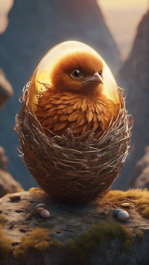 A baby phoenix hatching from an egg, its body glowing warmly in a nest cradled on a ledge of a towering cliff.