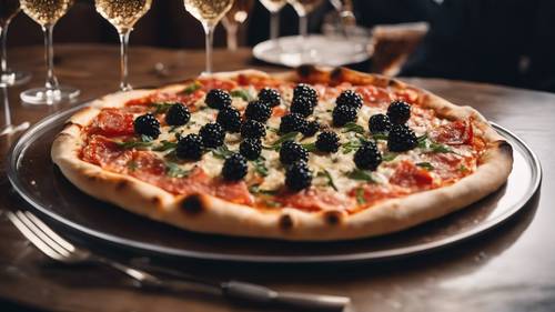 A fancy pizza with caviar topping in a luxurious dinner setting with champagne.