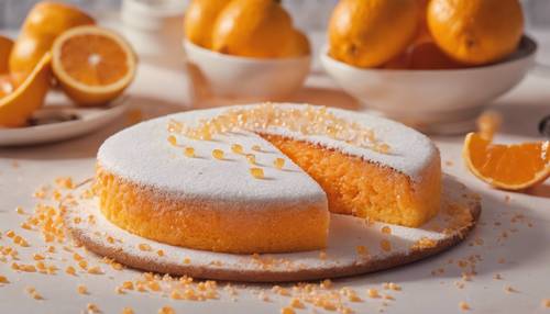 Granulated sugar spilling onto a citrusy, light-orange colored cake