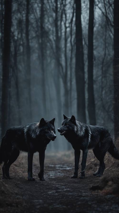 Un par de lobos negros cruzando caminos en una noche de luna dentro del bosque.