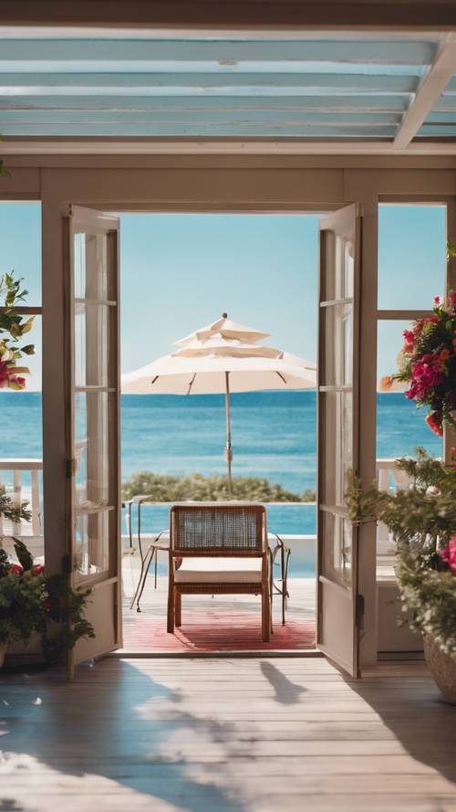 Escena de una propiedad frente al mar decorada en estilo preppy, con un patio con vistas a un mar azul en calma.