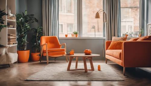 Vista di una sedia imbottita arancione con un tavolo arancione coordinato in un soggiorno in stile retrò.