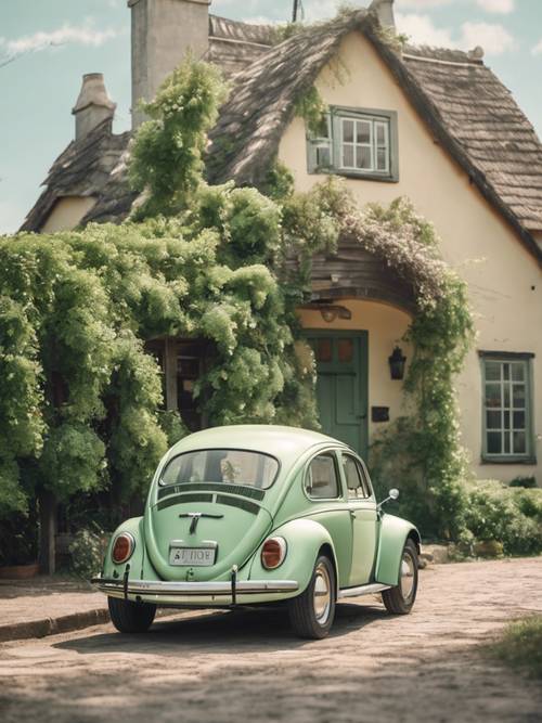 Un&#39;auto scarabeo d&#39;epoca verde pastello parcheggiata di fronte a un pittoresco cottage coperto di viti.