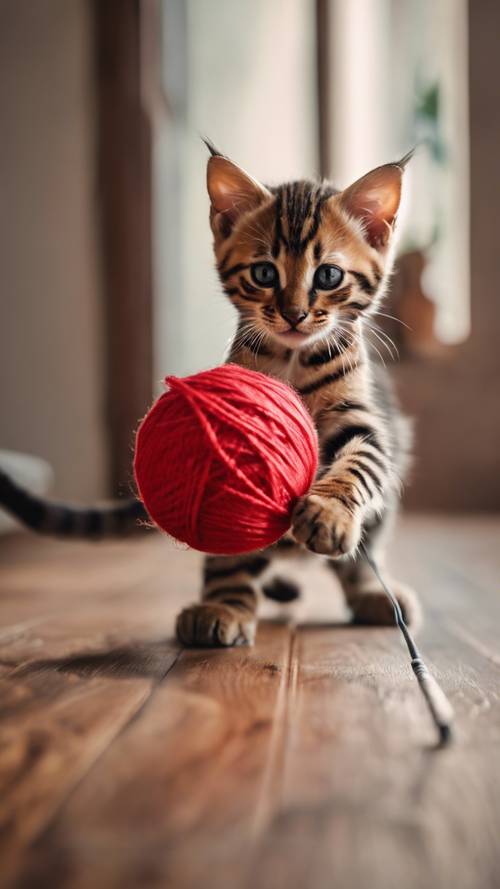 一只顽皮的孟加拉小猫在木地板上拍打一个鲜红色的毛线球。 墙纸 [e4f7c0280b324073878e]