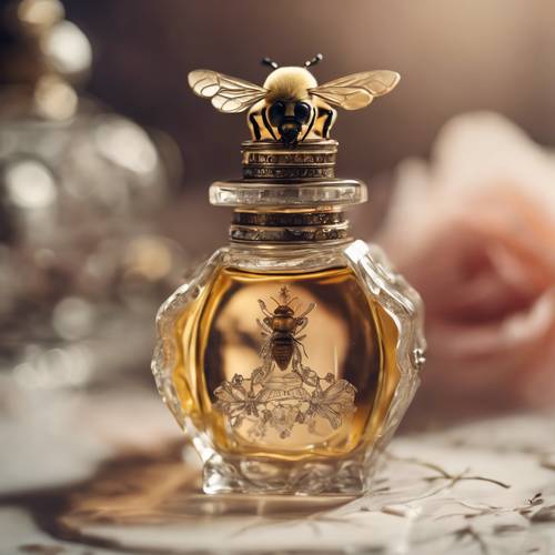 A bee sitting atop an antique perfume bottle in a romantic, Victorian setting.